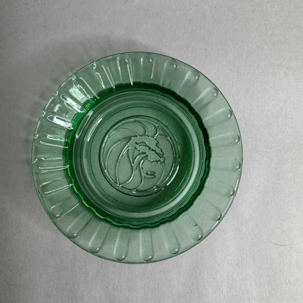 Vintage Green Glass Ashtray Lion Head Logo Ribbed Edge‎ Trinket Dish